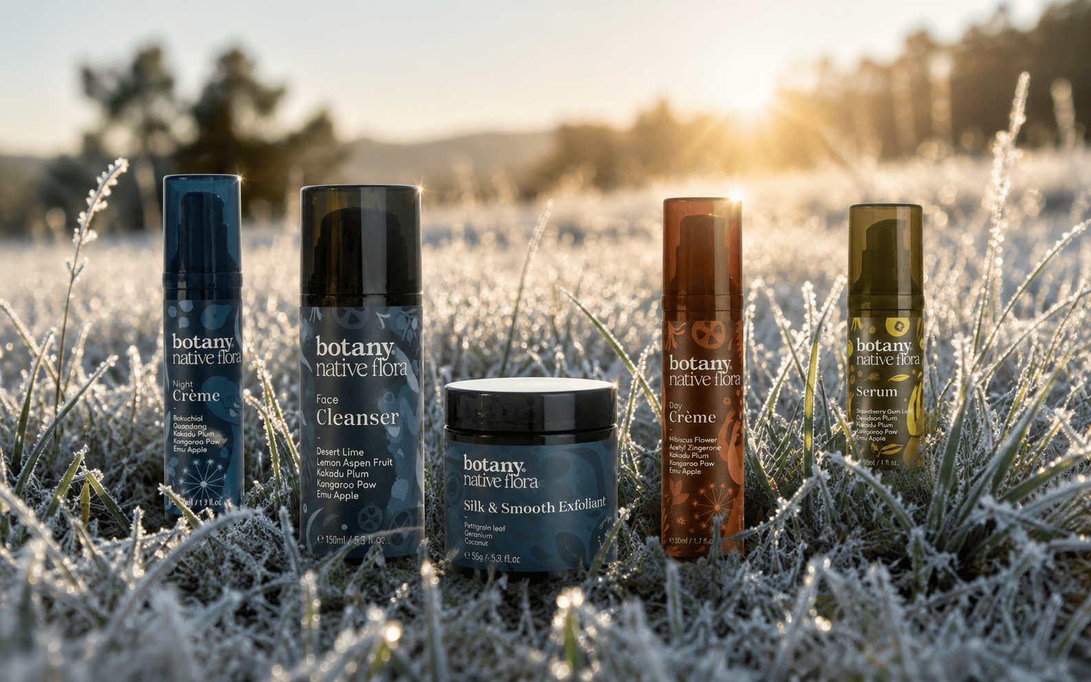 Botany Native Flora products on a bright frosty winter meadow