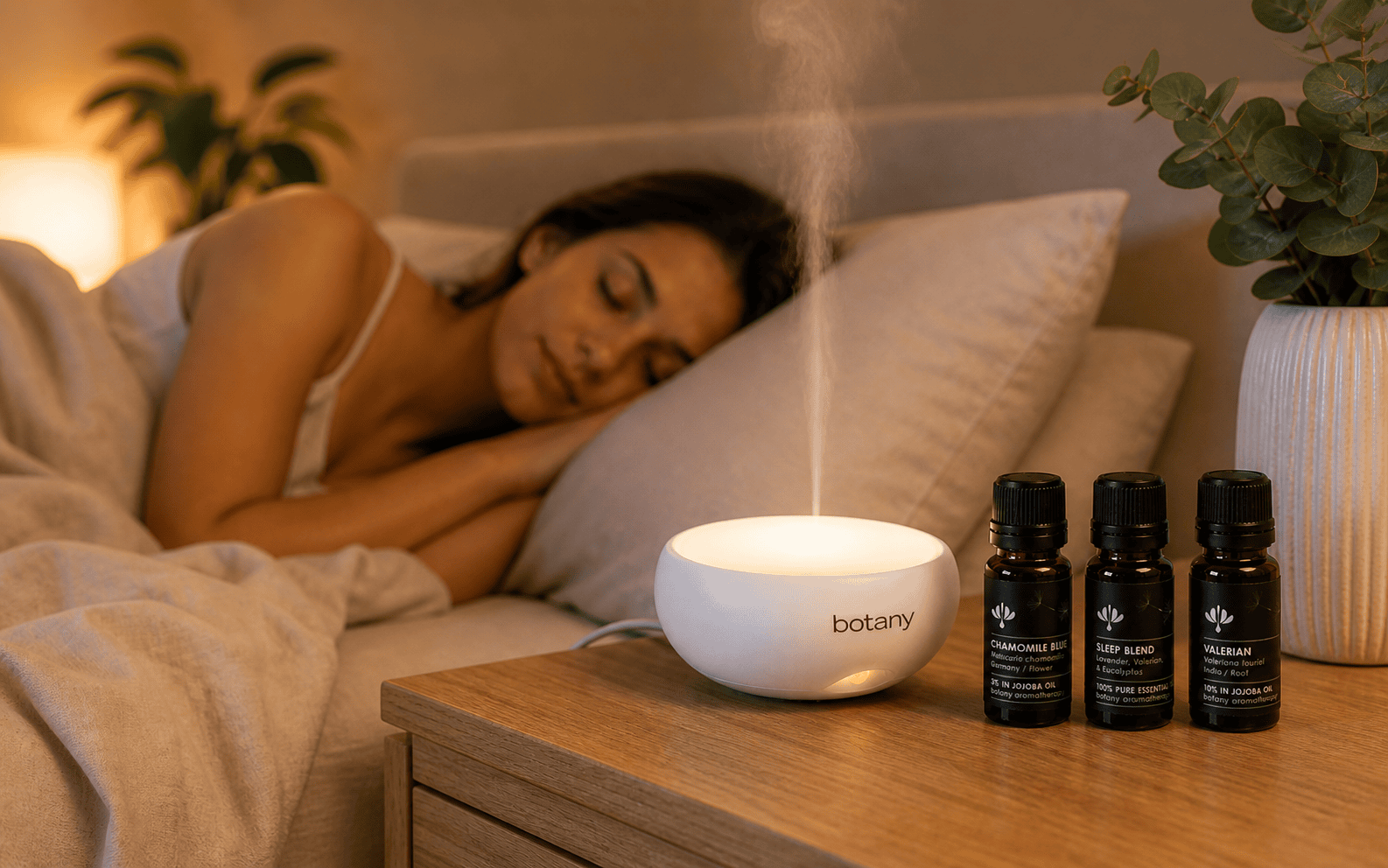 Woman preparing for sleep with Botany Essential oils