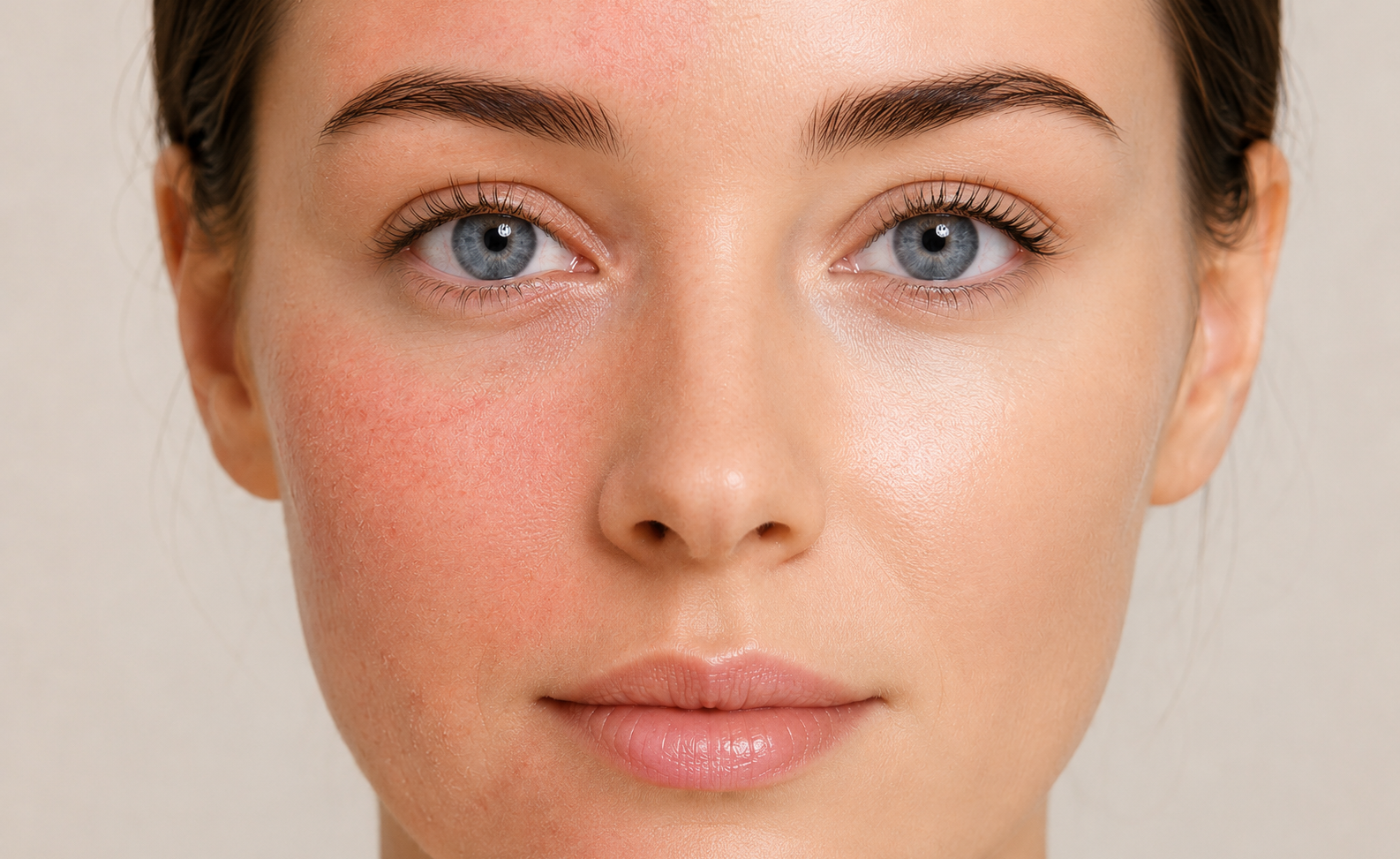 Woman's face with stripped skin on one side